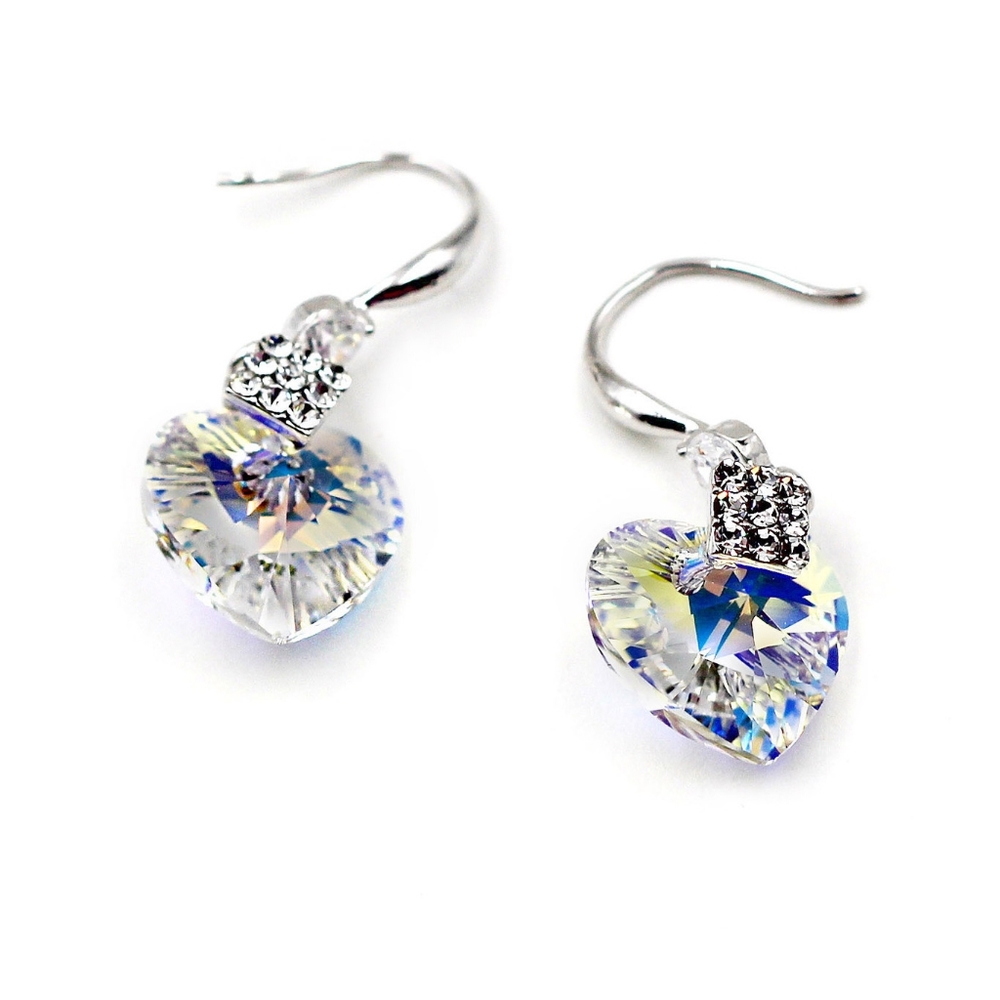 Silver love shape shiny crystal earrings